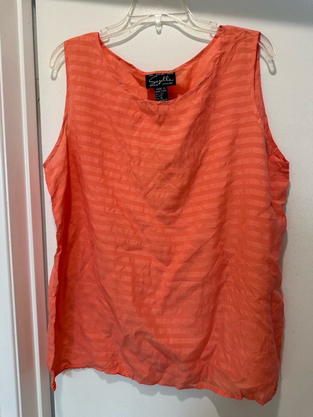 Vintage Suzelle Coral Orange 100% Silk Sheer-Striped Sleeveless Tank Top Size 16